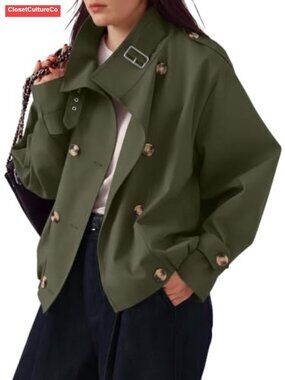 Plus Size Cropped Trench Coat Funnel Neck Lightweight Jacket